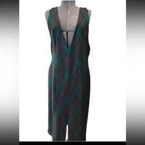 R J Stevens 1980s green plaid maxi jumper dress-deep V-neck-size 14 ladies‎